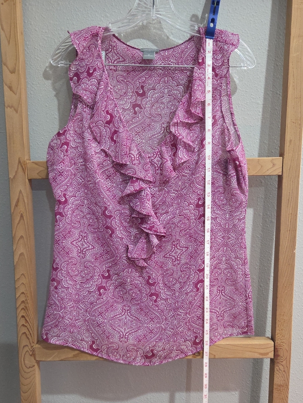 Ann Taylor Pink Paisley Ruffle V-Neck Blouse